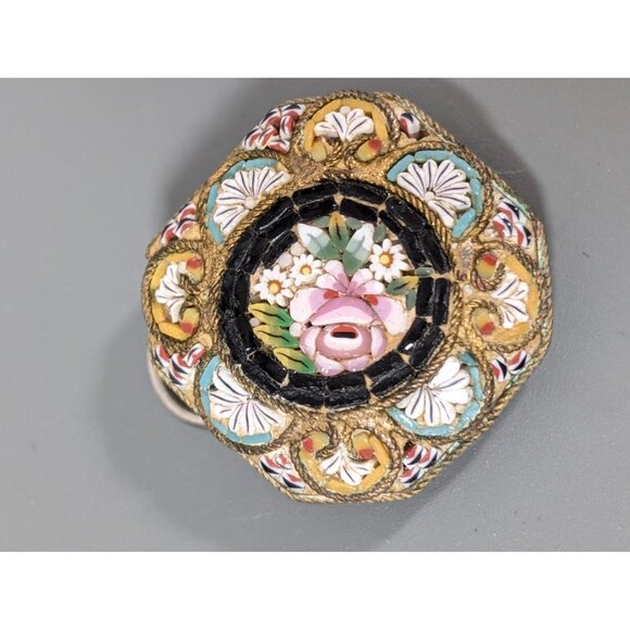 Vintage Italian Micro Mosaic Pendant Pink Rose Flower Square Brass Daisy - Picture 2 of 11